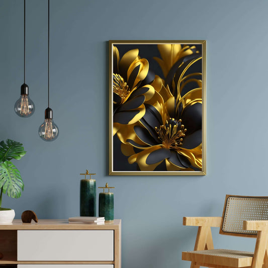 Elegant durch farbenprächtige, einzigartige Fantasie Blumenposter  in Gold, Schwarz von Positive Pulse"Digitale Download