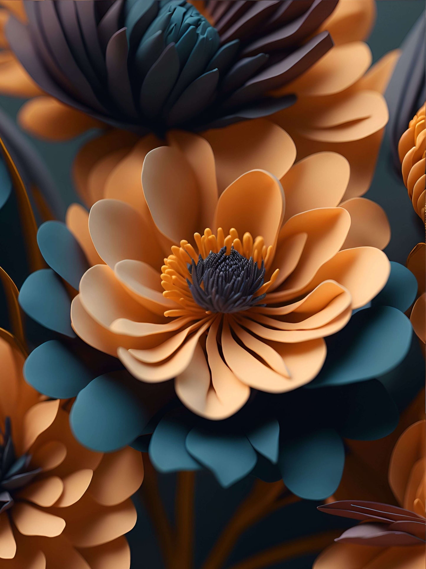 Wunderschöne Fantasy Blume,mit Lebendige Farben Terrakotta, Gold, Violet Orange, Pfirsich
